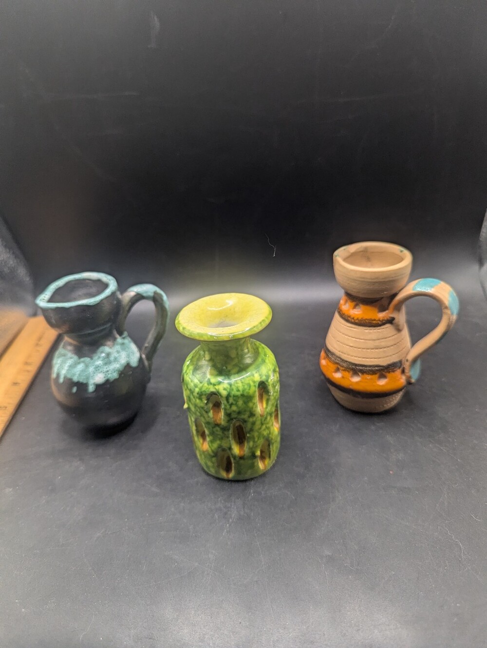 Vintage  Made In Italy Bitossi Style Handmade Mini Pitchers and Green Vase 4"